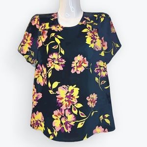 Who What Wear Women's Black, Pink & Yellow Floral Blouse